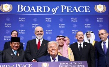 Indonesian President Prabowo Subianto (far left) at the inaugural meeting of Trump's so-called Board of Peace