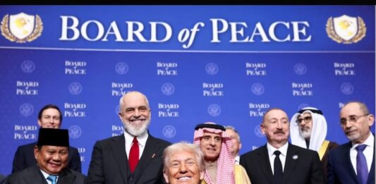 Indonesian President Prabowo Subianto (far left) at the inaugural meeting of Trump's so-called Board of Peace