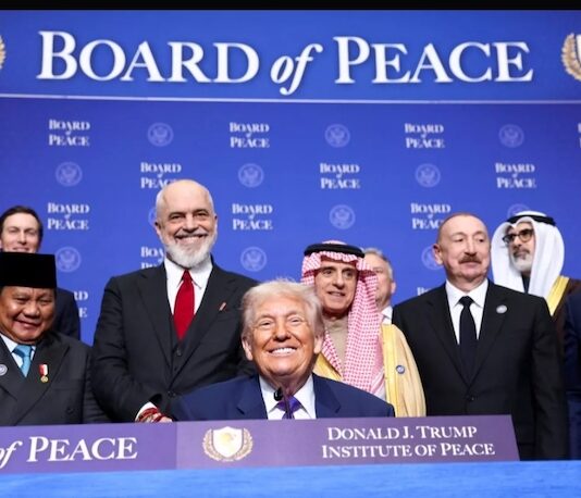 Indonesian President Prabowo Subianto (far left) at the inaugural meeting of Trump's so-called Board of Peace
