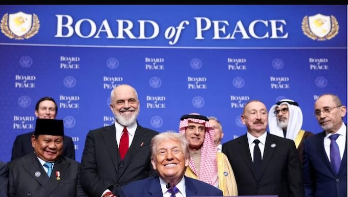 Indonesian President Prabowo Subianto (far left) at the inaugural meeting of Trump's so-called Board of Peace