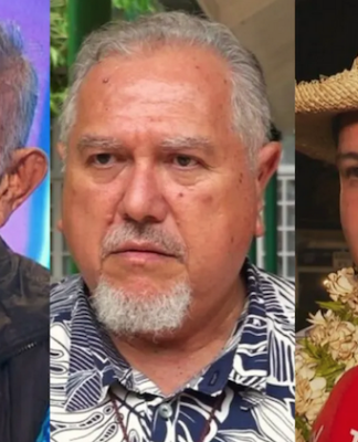 Tavini’s historic leader Oscar Temaru (from left), French Polynesia’s current President Moetai Brotherson, and Tematai Le Gayic