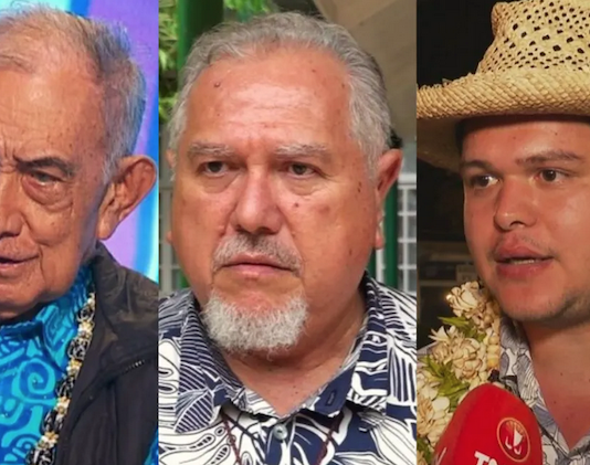 Tavini’s historic leader Oscar Temaru (from left), French Polynesia’s current President Moetai Brotherson, and Tematai Le Gayic