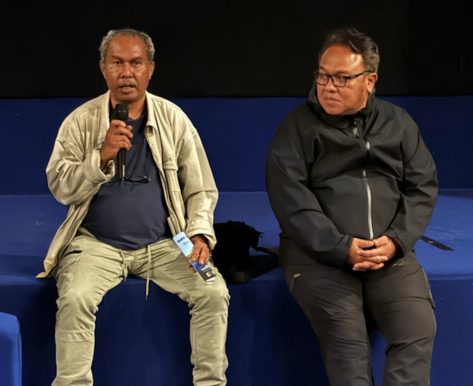 Film director Dandhy Dwi Laksono (right) and producer Victor Mambor talk to the audience at the Academy Cinema in Auckland