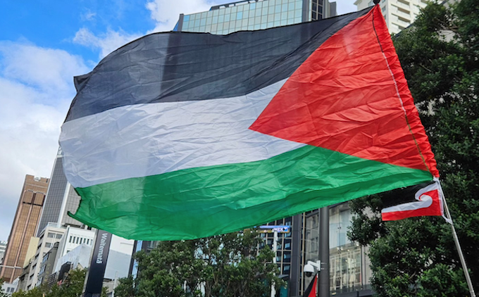 A Palestinian and a Tino Rangatiratanga flag