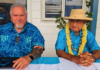 French Polynesia's President Moetai Brotherson (left) and his father-in-law Oscar Temaru, president of the ruling Party Tavini Huiraatira
