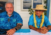 French Polynesia's President Moetai Brotherson (left) and his father-in-law Oscar Temaru, president of the ruling Party Tavini Huiraatira