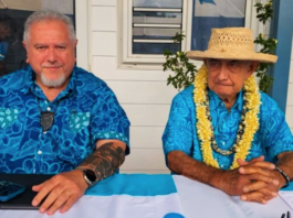 French Polynesia's President Moetai Brotherson (left) and his father-in-law Oscar Temaru, president of the ruling Party Tavini Huiraatira