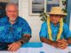 French Polynesia's President Moetai Brotherson (left) and his father-in-law Oscar Temaru, president of the ruling Party Tavini Huiraatira