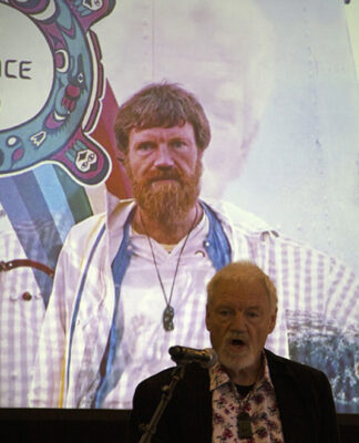 Author and journalist Dr David Robie speaking at the launch of the third edition of the Rainbow Warrior book Eyes of Fire