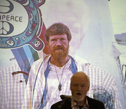 Author and journalist Dr David Robie speaking at the launch of the third edition of the Rainbow Warrior book Eyes of Fire
