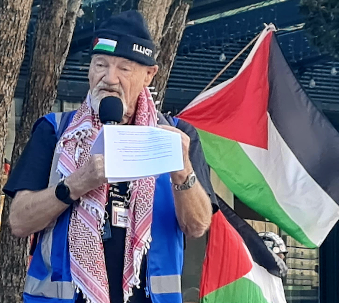 Journalist and author David Robie speaking at the PSNA rally for Palestine at Auckland's Te Komititanga Square 