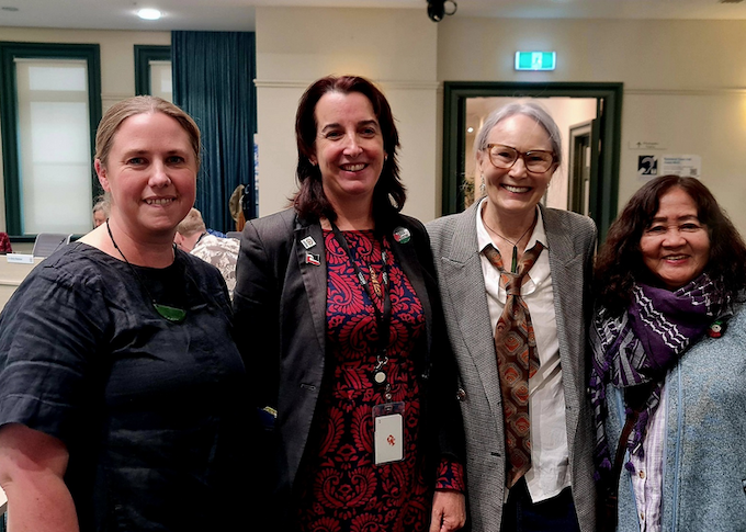 Councillors Sarah Peterson-Hamill (flo left) and Julie Fairey, and PSNA's Kathy Ross and Del Abcede at the Auckland Council policy committee meeting