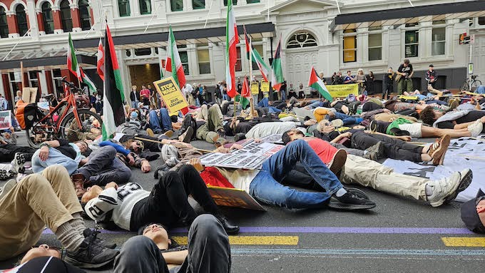Protesters at the US Consulate "die-in" in Auckland