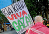 A protester at the Anzac Day rally in Auckland Tamaki Makaurau today
