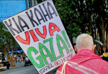 A protester at the Anzac Day rally in Auckland Tamaki Makaurau today
