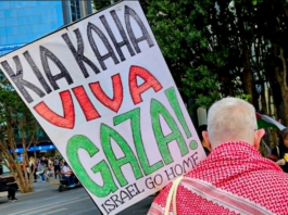 A protester at the Anzac Day rally in Auckland Tamaki Makaurau today