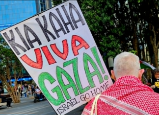 A protester at the Anzac Day rally in Auckland Tamaki Makaurau today