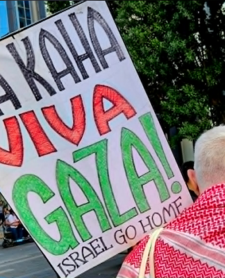 A protester at the Anzac Day rally in Auckland Tamaki Makaurau today