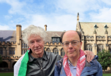 Pro-Palestnian Professor John Keane (left) and linguist and vice-president of the USyd National Tertiary Education Union, Dr Nick Rieme