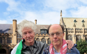 Pro-Palestnian Professor John Keane (left) and linguist and vice-president of the USyd National Tertiary Education Union, Dr Nick Rieme