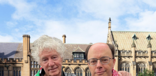Pro-Palestnian Professor John Keane (left) and linguist and vice-president of the USyd National Tertiary Education Union, Dr Nick Rieme