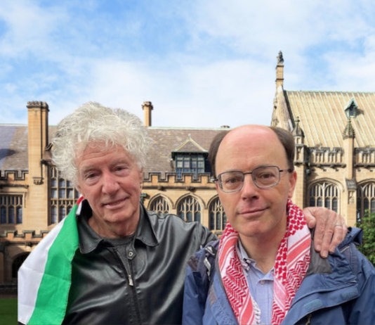 Pro-Palestnian Professor John Keane (left) and linguist and vice-president of the USyd National Tertiary Education Union, Dr Nick Rieme