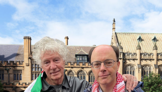 Pro-Palestnian Professor John Keane (left) and linguist and vice-president of the USyd National Tertiary Education Union, Dr Nick Rieme