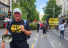 Palestine Solidarity Network Aotearoa's Neil Scott and protesters marching in the Stop Wars Aotearoa rally