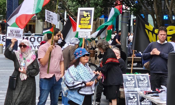 "No War With Iran" protesters in Te Komititanga Square 