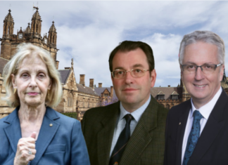 Australia's Special Envoy to Combat Antisemitism Jillian Segal (from left), Dr Michael Abrahams-Sprod, and vice-chancellor Mark Scott at Sydney University