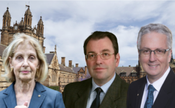 Australia's Special Envoy to Combat Antisemitism Jillian Segal (from left), Dr Michael Abrahams-Sprod, and vice-chancellor Mark Scott at Sydney University