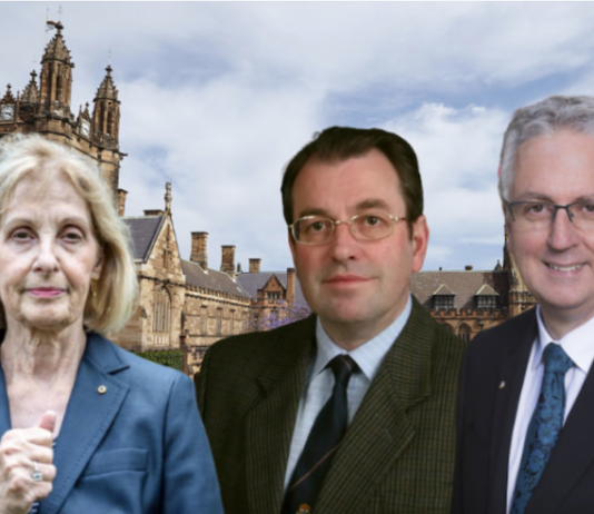 Australia's Special Envoy to Combat Antisemitism Jillian Segal (from left), Dr Michael Abrahams-Sprod, and vice-chancellor Mark Scott at Sydney University