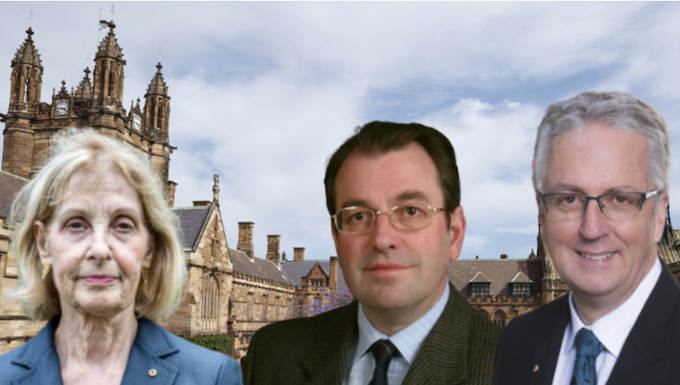 Australia's Special Envoy to Combat Antisemitism Jillian Segal (from left), Dr Michael Abrahams-Sprod, and vice-chancellor Mark Scott at Sydney University