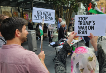 Protesters at a New Zealand rally against the US-Israel war on Iran and the Israeli genocide in Gaza