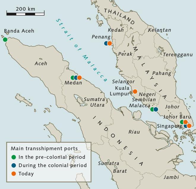 The two most important countries which border the Malacca Strait are Indonesia and Malaysia, one on either side of the Strait