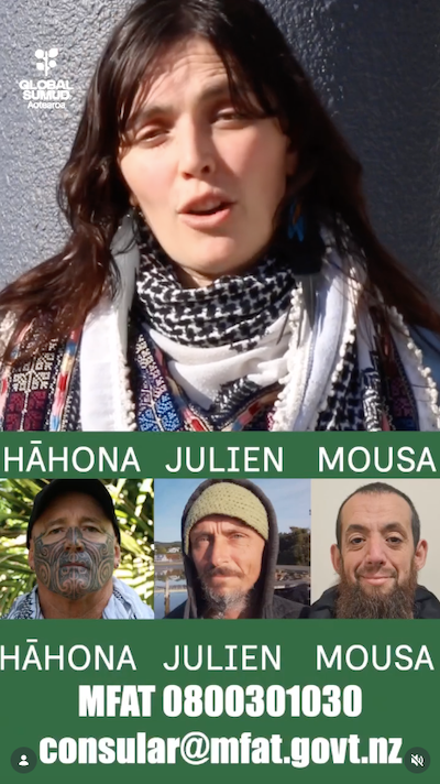 Acacia O'Connor of the Global Sumud Flotilla Aotearoa delegation presents a message
