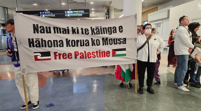Supporters greet NZ Global Sumud Flotilla activists Mousa Taher and Hāhona Ormsby on their return to Aotearoa today