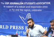 Fiji Times journalist Alifereti Josefa-Sakiasi speaking at the combined Fiji universities' World Press Freedom Day talanoa