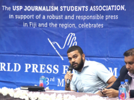 Fiji Times journalist Alifereti Josefa-Sakiasi speaking at the combined Fiji universities' World Press Freedom Day talanoa