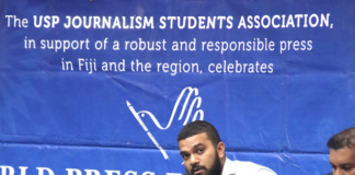 Fiji Times journalist Alifereti Josefa-Sakiasi speaking at the combined Fiji universities' World Press Freedom Day talanoa