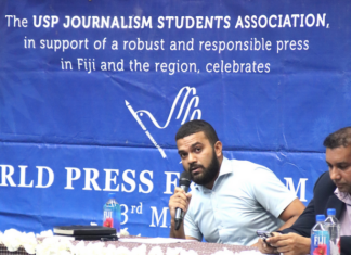 Fiji Times journalist Alifereti Josefa-Sakiasi speaking at the combined Fiji universities' World Press Freedom Day talanoa