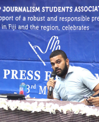 Fiji Times journalist Alifereti Josefa-Sakiasi speaking at the combined Fiji universities' World Press Freedom Day talanoa