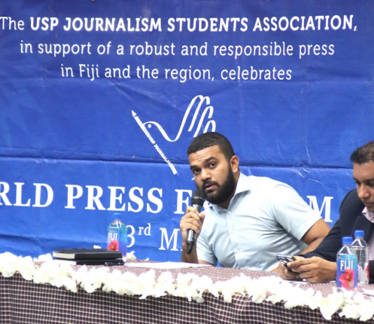 Fiji Times journalist Alifereti Josefa-Sakiasi speaking at the combined Fiji universities' World Press Freedom Day talanoa