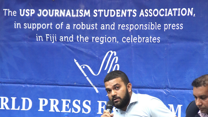 Fiji Times journalist Alifereti Josefa-Sakiasi speaking at the combined Fiji universities' World Press Freedom Day talanoa