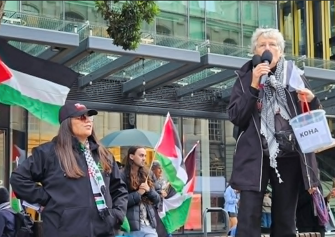 PSNA's Anna Lee (speaking) at an Auckland pro-Palestinian rally