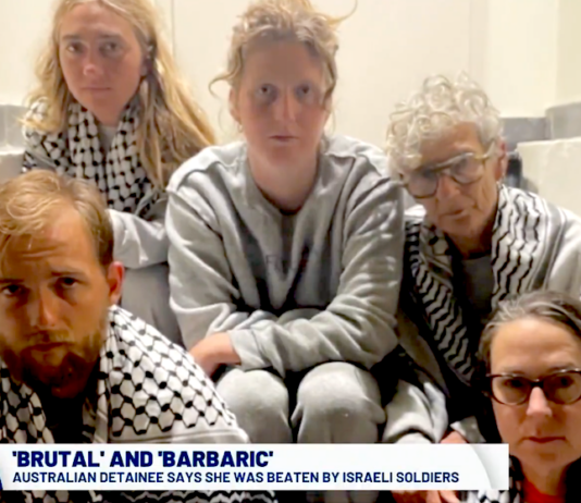 A group of five Australians who were on board the Gaza freedom flotilla and spoke of the Israeli abuse and violence on their arrival home