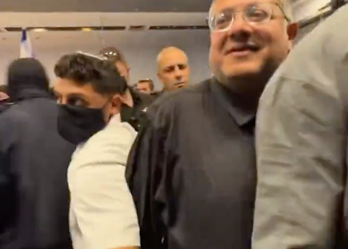 Israeli Security Minister Itamar Ben-Gvir gloating as security forces mistreat the Global Sumud Flotilla captives