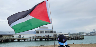 A Canadian boy tourist holds a Palestinian flag aloft signalling to "no war" protesters on Devonport wharf
