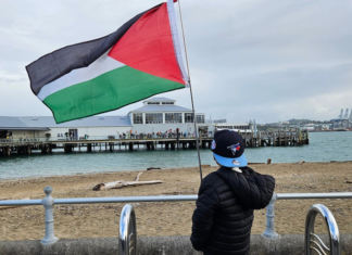 A Canadian boy tourist holds a Palestinian flag aloft signalling to "no war" protesters on Devonport wharf