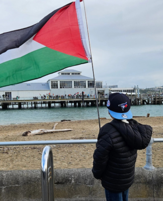 A Canadian boy tourist holds a Palestinian flag aloft signalling to "no war" protesters on Devonport wharf